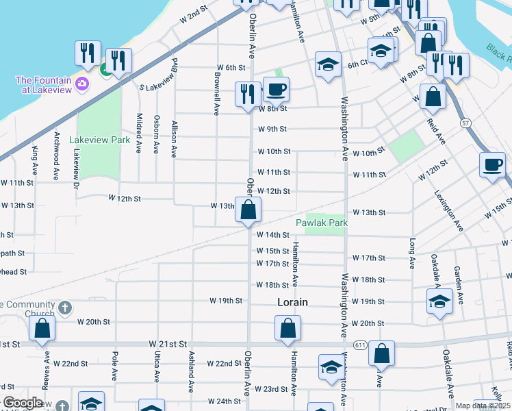map of restaurants, bars, coffee shops, grocery stores, and more near 1305 Oberlin Avenue in Lorain
