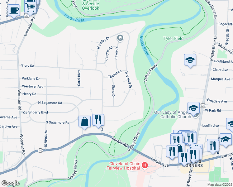 map of restaurants, bars, coffee shops, grocery stores, and more near 4120 Diane Drive in Fairview Park