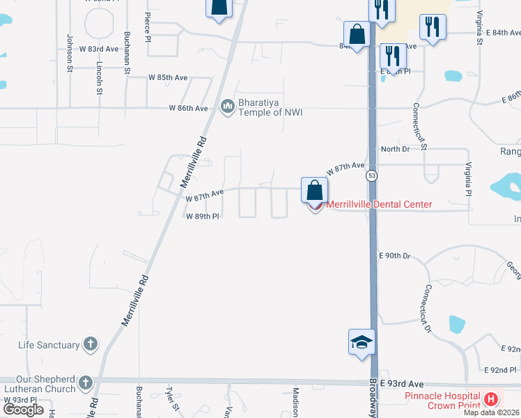 map of restaurants, bars, coffee shops, grocery stores, and more near 600 West 89th Place in Merrillville