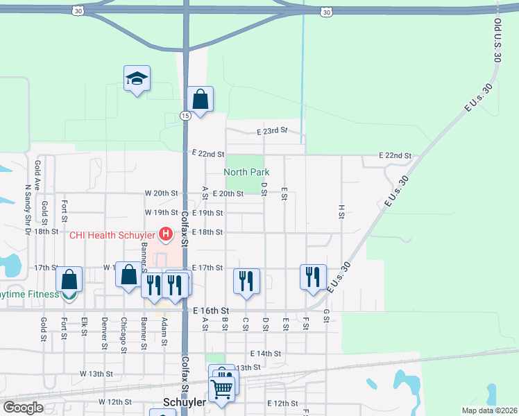 map of restaurants, bars, coffee shops, grocery stores, and more near 1800-1898 D Street in Schuyler