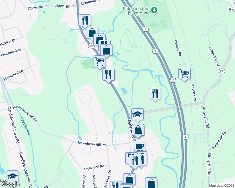 map of restaurants, bars, coffee shops, grocery stores, and more near 433 Federal Road in Brookfield