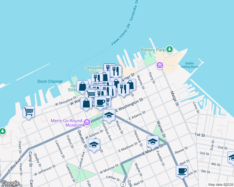 map of restaurants, bars, coffee shops, grocery stores, and more near 279 East Market Street in Sandusky