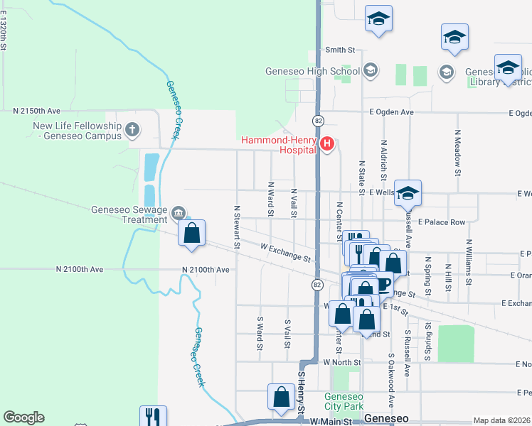 map of restaurants, bars, coffee shops, grocery stores, and more near 500-540 W Palace Row in Geneseo