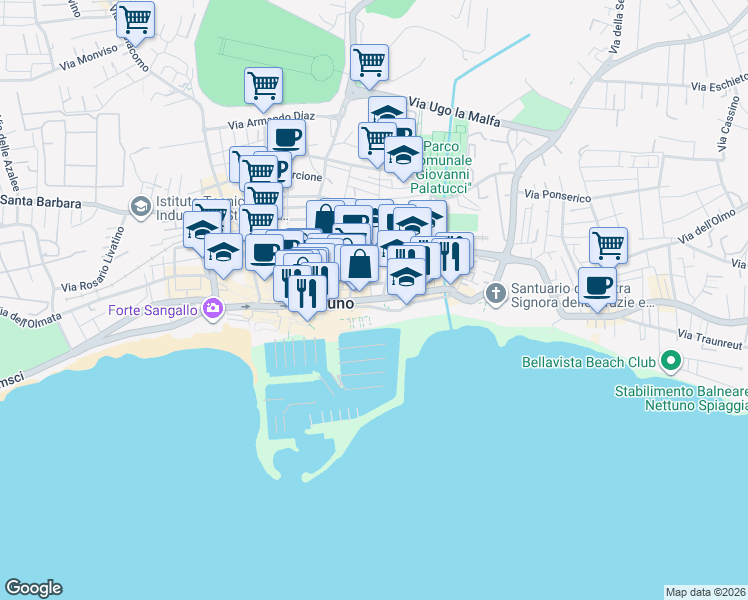 map of restaurants, bars, coffee shops, grocery stores, and more near Via Amerigo Vespucci in Nettuno