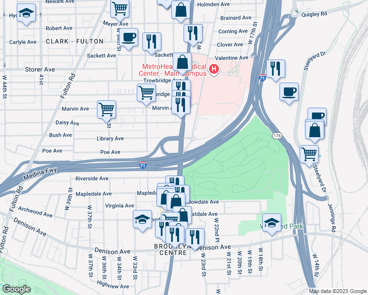 map of restaurants, bars, coffee shops, grocery stores, and more near 3567 West 25th Street in Cleveland