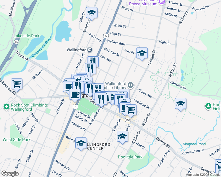 map of restaurants, bars, coffee shops, grocery stores, and more near 56 North Orchard Street in Wallingford