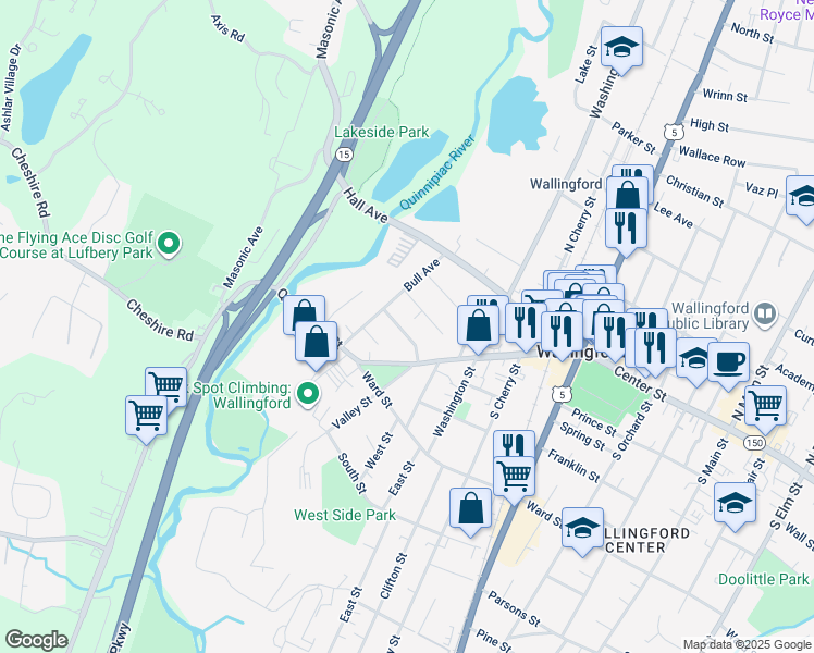 map of restaurants, bars, coffee shops, grocery stores, and more near 45 Geneva Avenue in Wallingford
