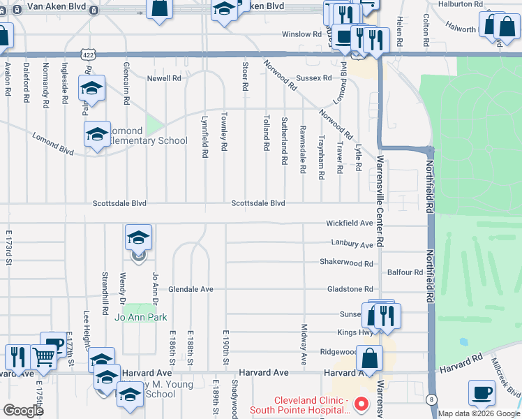 map of restaurants, bars, coffee shops, grocery stores, and more near 19407 Wickfield Avenue in Warrensville Heights