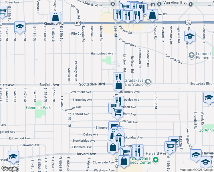 map of restaurants, bars, coffee shops, grocery stores, and more near 16217 Invermere Avenue in Cleveland