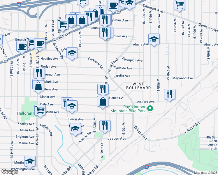 map of restaurants, bars, coffee shops, grocery stores, and more near in Cleveland