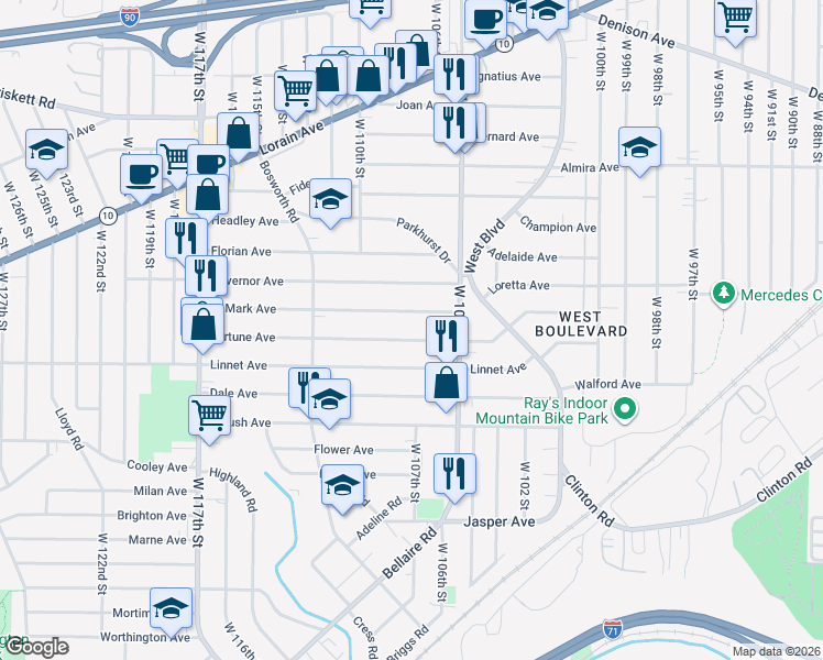 map of restaurants, bars, coffee shops, grocery stores, and more near 10625 Fortune Avenue in Cleveland