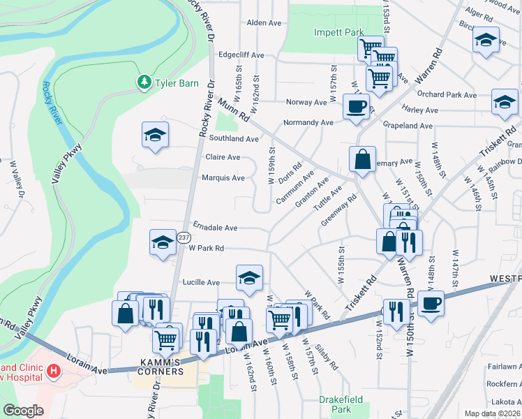 map of restaurants, bars, coffee shops, grocery stores, and more near 3556 West 159th Street in Cleveland