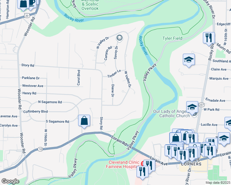 map of restaurants, bars, coffee shops, grocery stores, and more near 4120 Diane Drive in Fairview Park