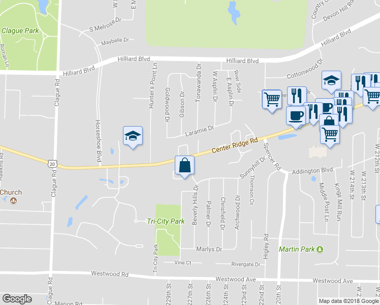 map of restaurants, bars, coffee shops, grocery stores, and more near 11 Somerset Drive in Rocky River