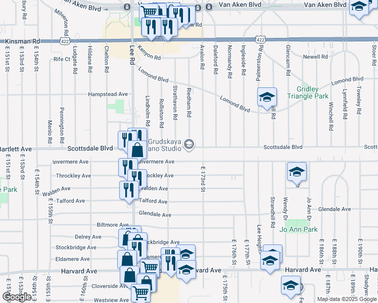map of restaurants, bars, coffee shops, grocery stores, and more near 17032 Scottsdale Boulevard in Shaker Heights