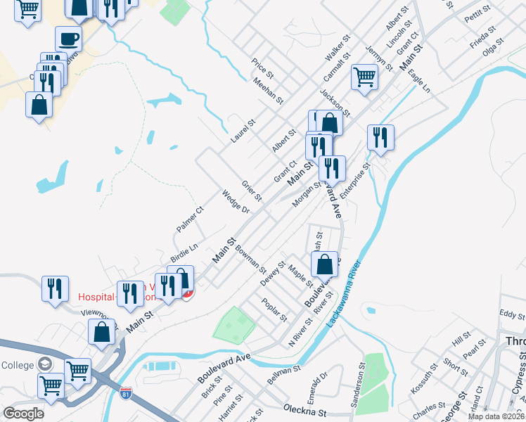 map of restaurants, bars, coffee shops, grocery stores, and more near 532 Main Street in Dickson City