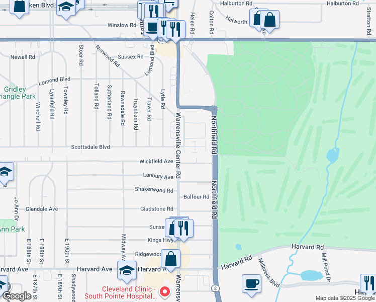 map of restaurants, bars, coffee shops, grocery stores, and more near 3733 Warrensville Center Road in Shaker Heights