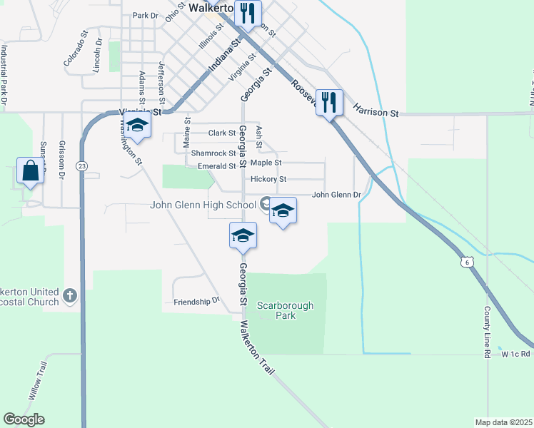 map of restaurants, bars, coffee shops, grocery stores, and more near 201 John Glenn Drive in Walkerton