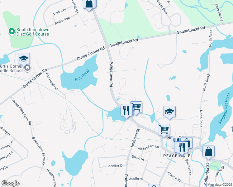 map of restaurants, bars, coffee shops, grocery stores, and more near 20 Meadowbrook Way in South Kingstown
