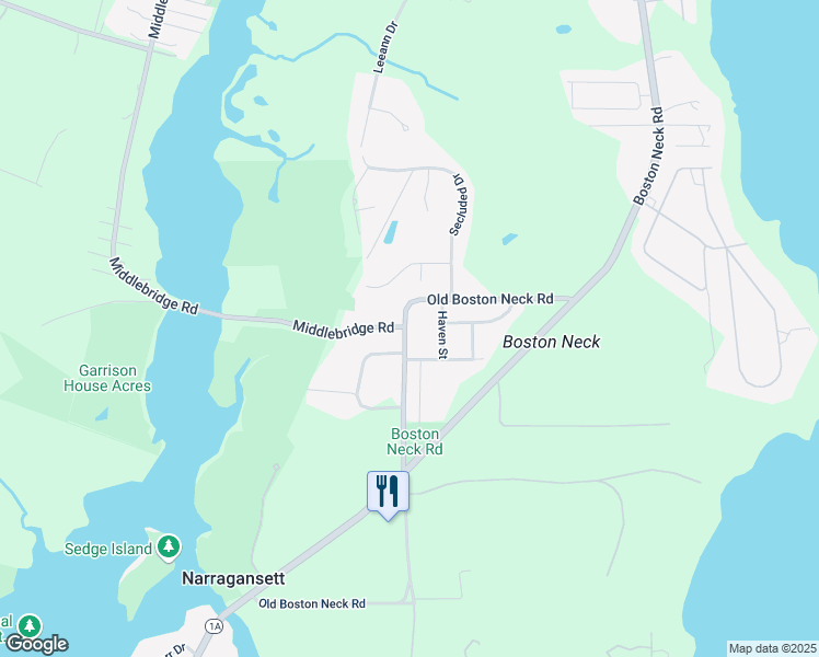 map of restaurants, bars, coffee shops, grocery stores, and more near 223 Old Boston Neck Road in Narragansett