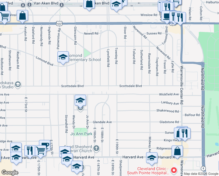 map of restaurants, bars, coffee shops, grocery stores, and more near 18906 Scottsdale Boulevard in Shaker Heights