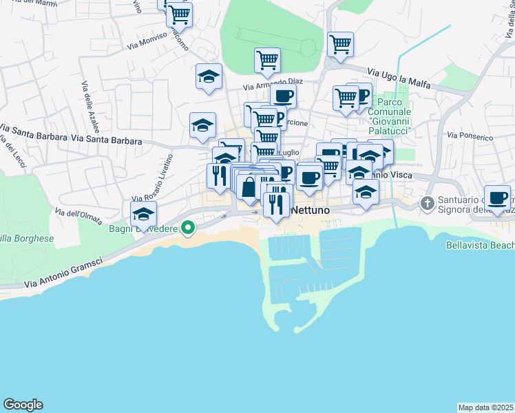 map of restaurants, bars, coffee shops, grocery stores, and more near Via Antonio Gramsci in Nettuno