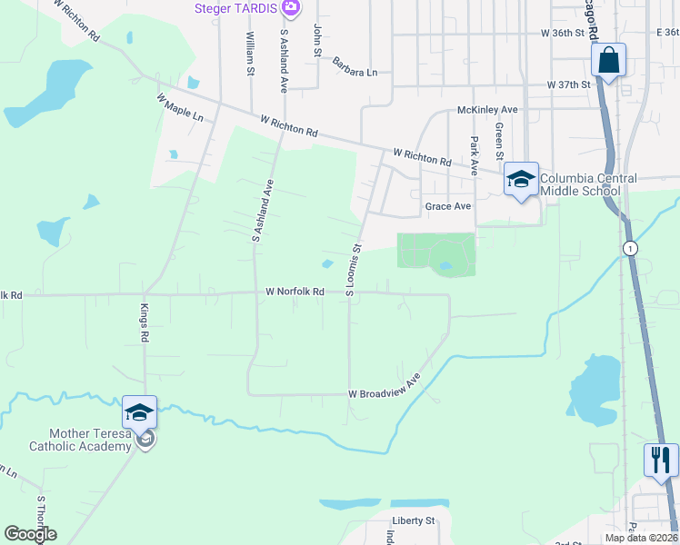 map of restaurants, bars, coffee shops, grocery stores, and more near 1434 West Norfolk Road in Crete