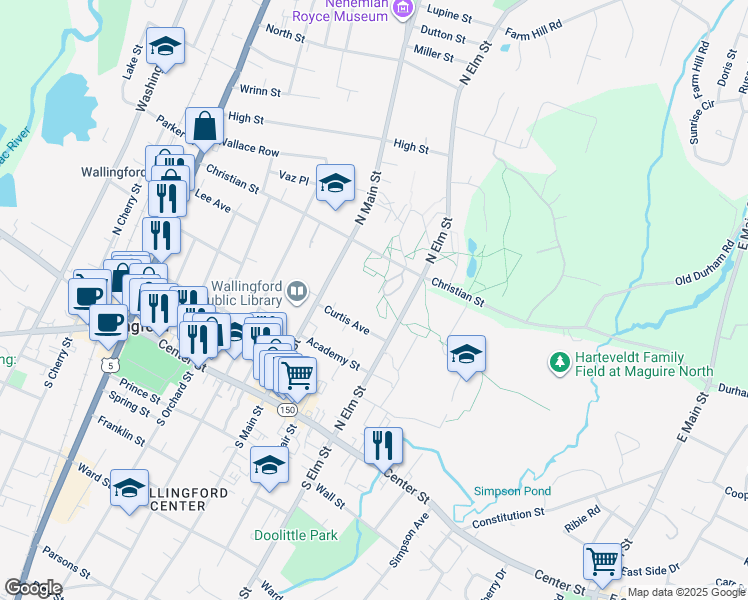 map of restaurants, bars, coffee shops, grocery stores, and more near 30 Beaumont Avenue in Wallingford