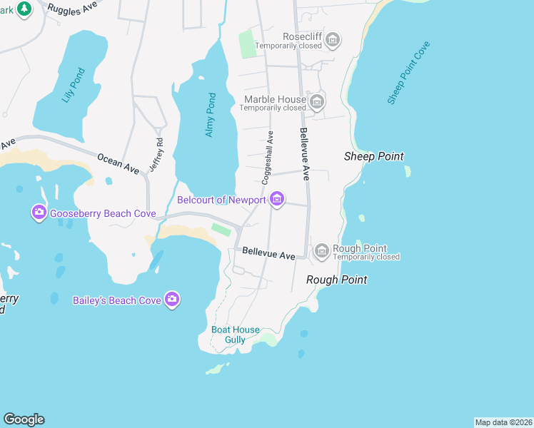 map of restaurants, bars, coffee shops, grocery stores, and more near 5 Ledge Road in Newport