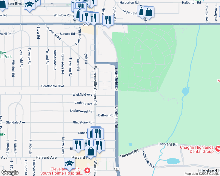map of restaurants, bars, coffee shops, grocery stores, and more near 20615 Halifax Road in Warrensville Heights