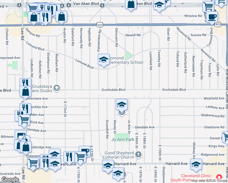 map of restaurants, bars, coffee shops, grocery stores, and more near 18123 Invermere Avenue in Cleveland