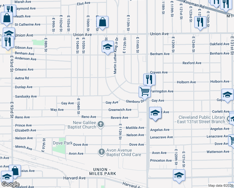 map of restaurants, bars, coffee shops, grocery stores, and more near 11118 Glenboro Drive in Cleveland