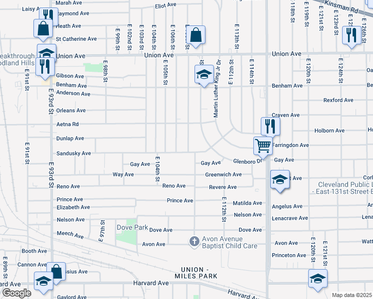 map of restaurants, bars, coffee shops, grocery stores, and more near 10520 Sandusky Avenue in Cleveland