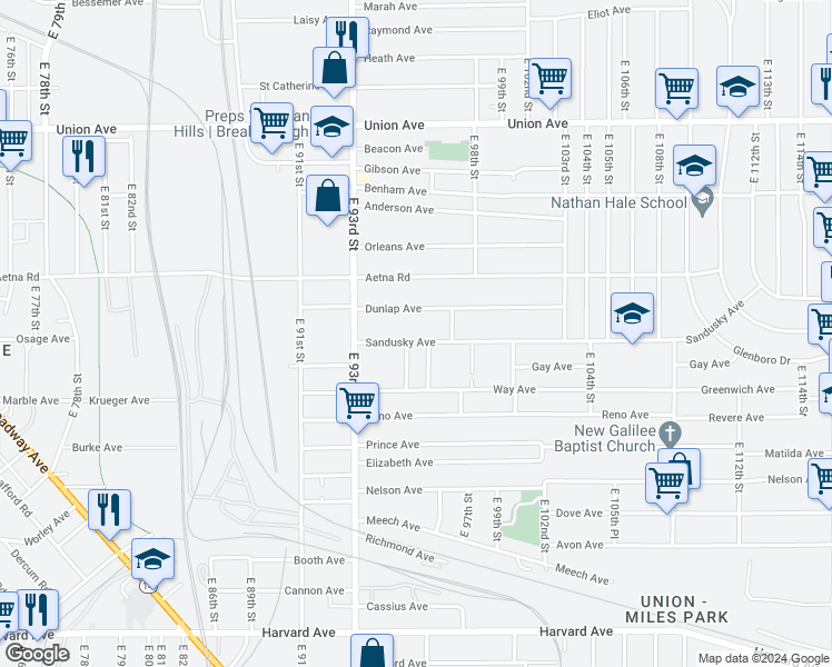 map of restaurants, bars, coffee shops, grocery stores, and more near 9420 Sandusky Avenue in Cleveland