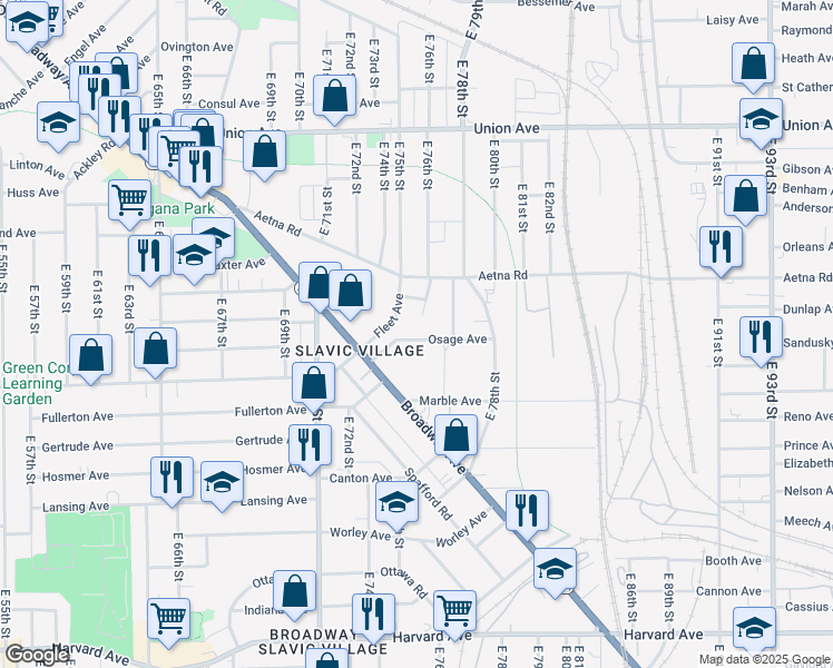 map of restaurants, bars, coffee shops, grocery stores, and more near 7415 Broadway Avenue in Cleveland
