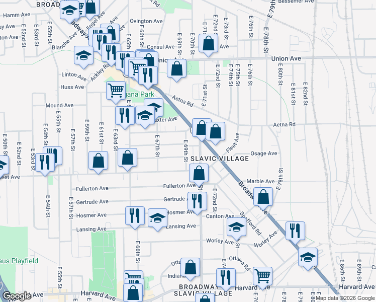 map of restaurants, bars, coffee shops, grocery stores, and more near 3728 East 69th Street in Cleveland