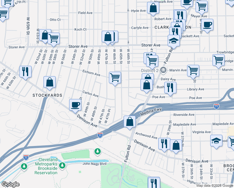 map of restaurants, bars, coffee shops, grocery stores, and more near 3574 West 46th Street in Cleveland