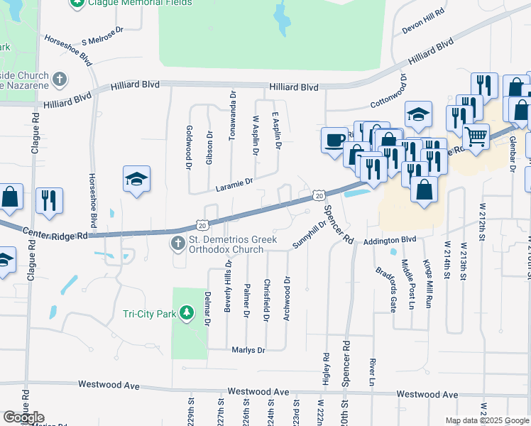 map of restaurants, bars, coffee shops, grocery stores, and more near 36 Nantucket Row in Rocky River