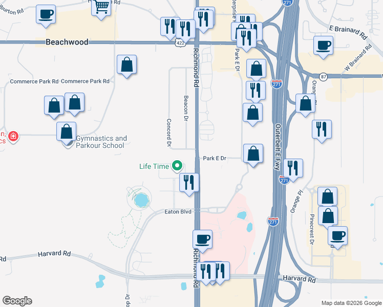 map of restaurants, bars, coffee shops, grocery stores, and more near in Beachwood
