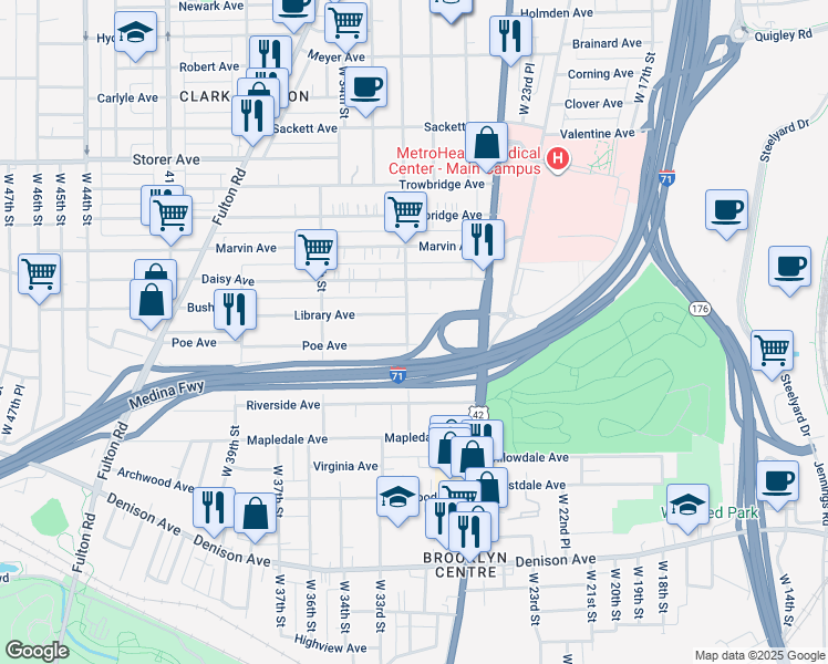 map of restaurants, bars, coffee shops, grocery stores, and more near 3557 West 32nd Street in Cleveland