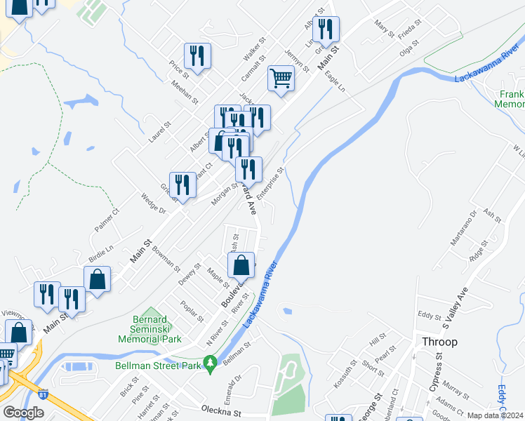 map of restaurants, bars, coffee shops, grocery stores, and more near 718 Boulevard Avenue in Dickson City