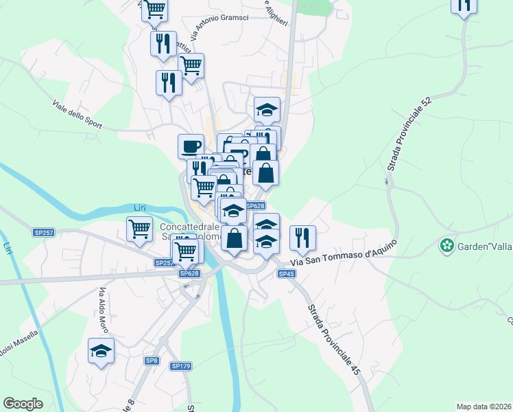 map of restaurants, bars, coffee shops, grocery stores, and more near 58 Strada Provinciale Leuciana in Pontecorvo