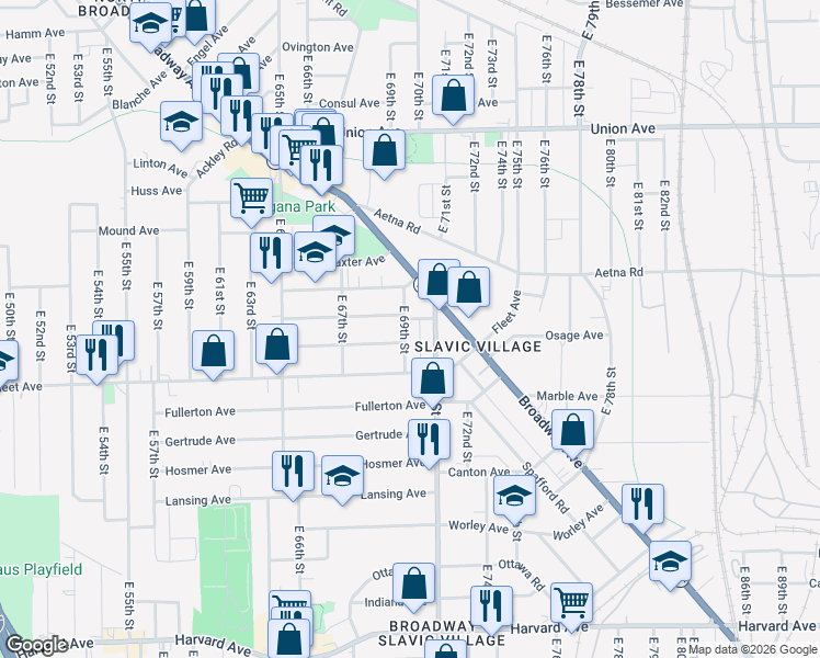 map of restaurants, bars, coffee shops, grocery stores, and more near 3728 East 69th Street in Cleveland