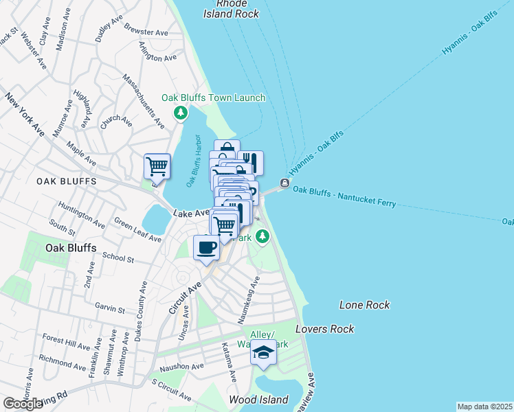 map of restaurants, bars, coffee shops, grocery stores, and more near 42 Ocean Avenue in Edgartown