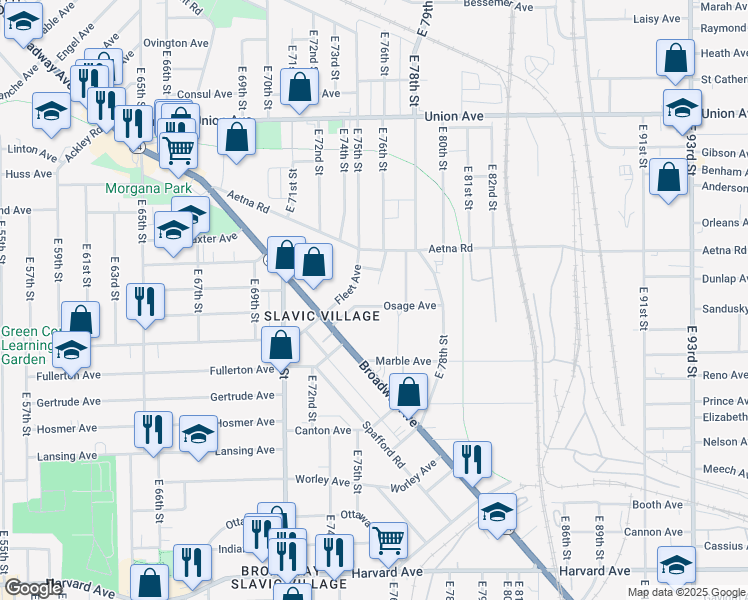 map of restaurants, bars, coffee shops, grocery stores, and more near 7415 Broadway Avenue in Cleveland