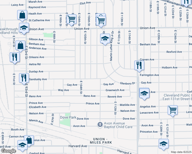 map of restaurants, bars, coffee shops, grocery stores, and more near 10520 Sandusky Avenue in Cleveland