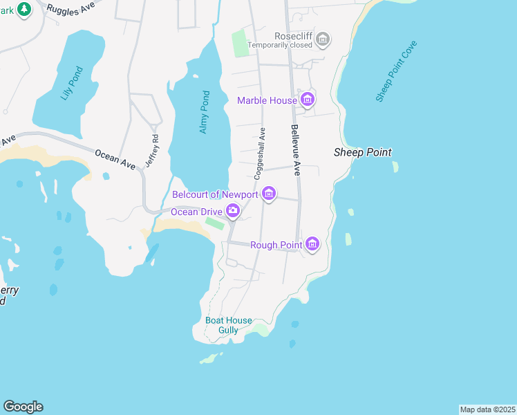 map of restaurants, bars, coffee shops, grocery stores, and more near 5 Ledge Road in Newport