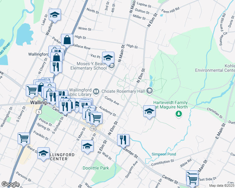 map of restaurants, bars, coffee shops, grocery stores, and more near 30 Beaumont Avenue in Wallingford