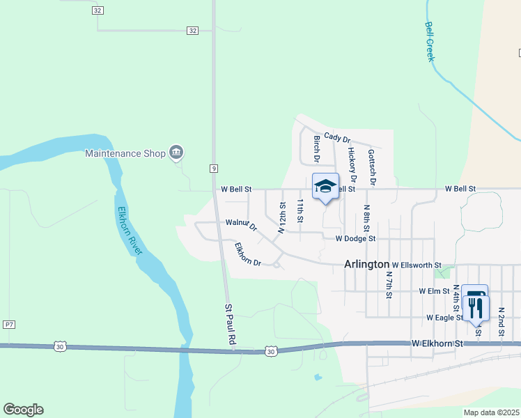 map of restaurants, bars, coffee shops, grocery stores, and more near 1350 Walnut Drive in Arlington