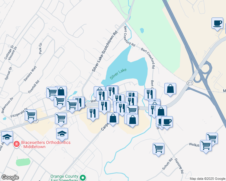 map of restaurants, bars, coffee shops, grocery stores, and more near 1 Kensington Way in Middletown